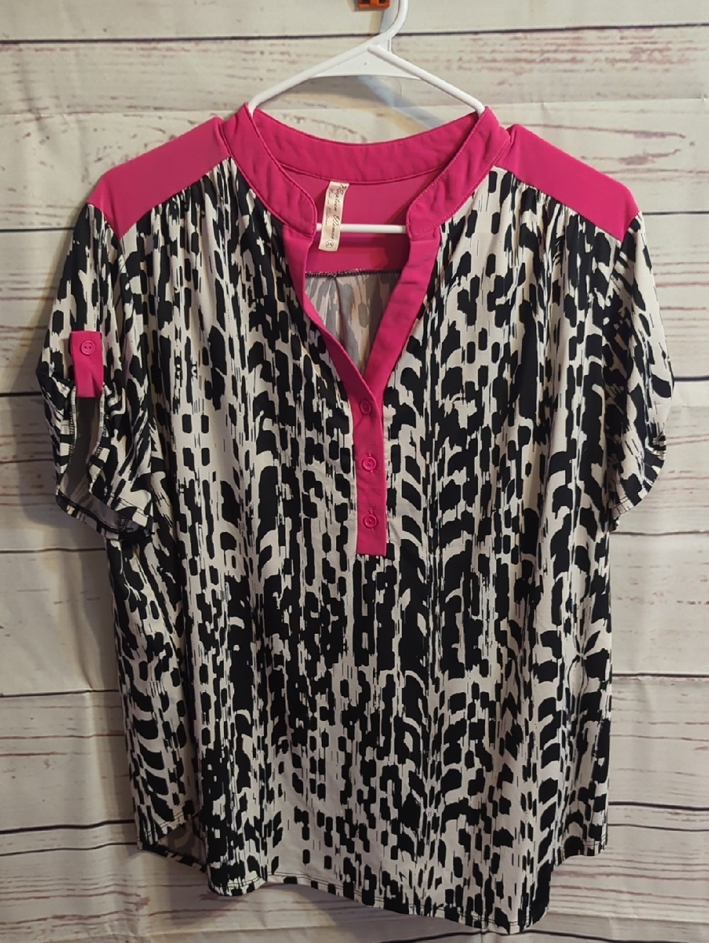 Perseption Black & White Printed Blouse with Pink Trim